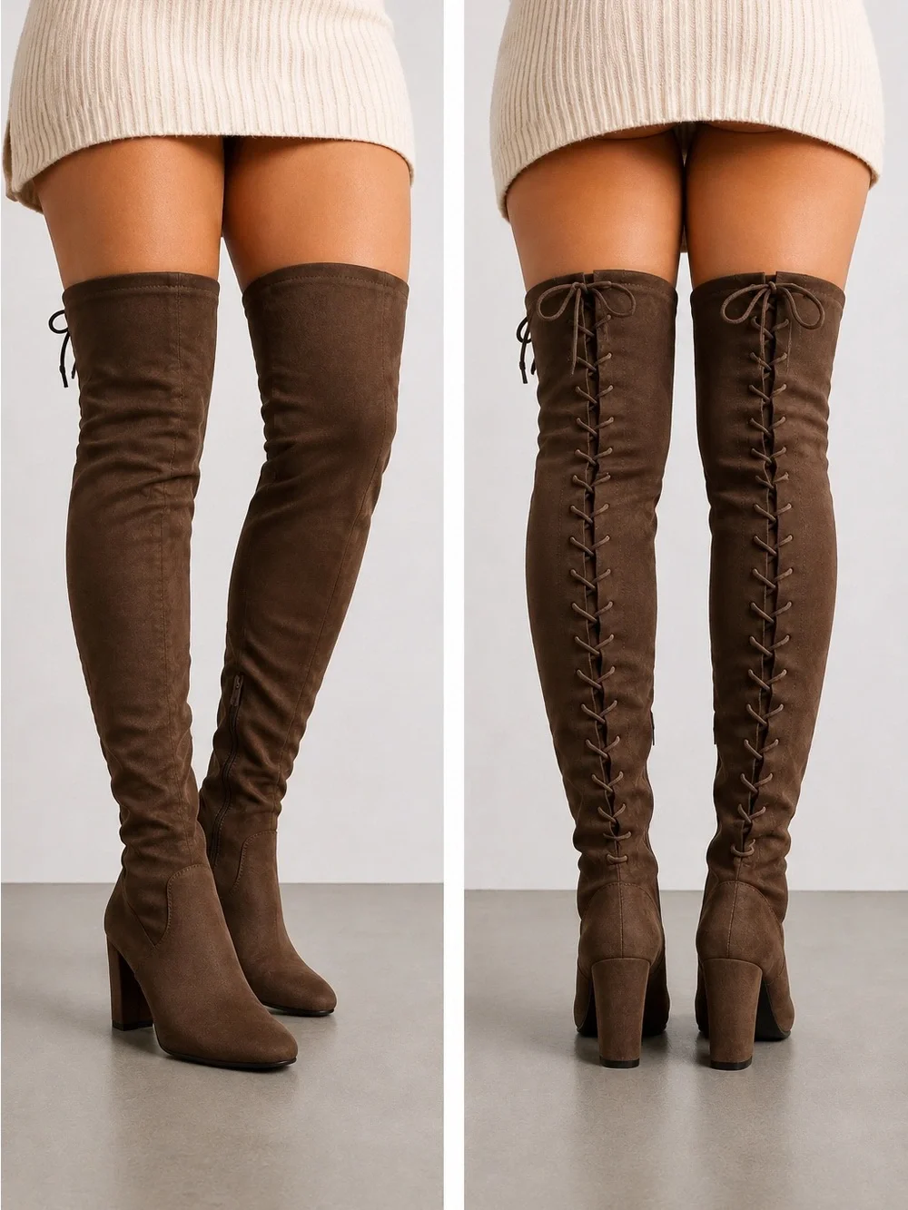 Women’s Suede Thigh High Boots Color Brown Size 9 Lace Tie